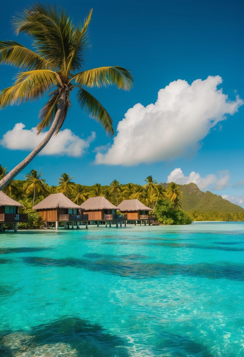 Crystal-clear lagoon with overwater bungalows, palm trees, and lush greenery on a secluded island in Bora Bora, French Polynesia