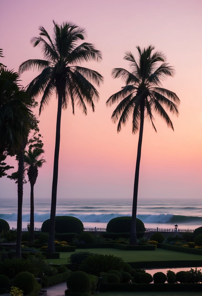 The tranquil Forodhani Gardens at dusk, with palm trees silhouetted against a pink and orange sky, and the sound of waves in the distance