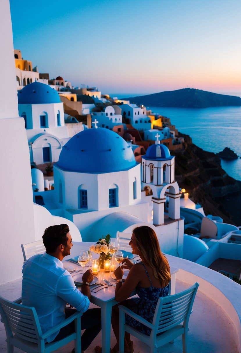 A couple enjoys a romantic sunset dinner on a cliffside terrace overlooking the iconic blue-domed buildings of Santorini, Greece