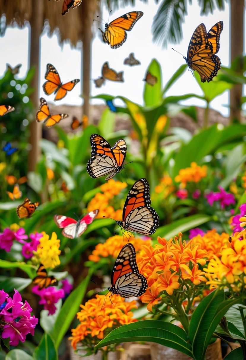 A colorful array of butterflies flit among lush tropical flowers at the Zanzibar Butterfly Centre, creating a vibrant and enchanting scene