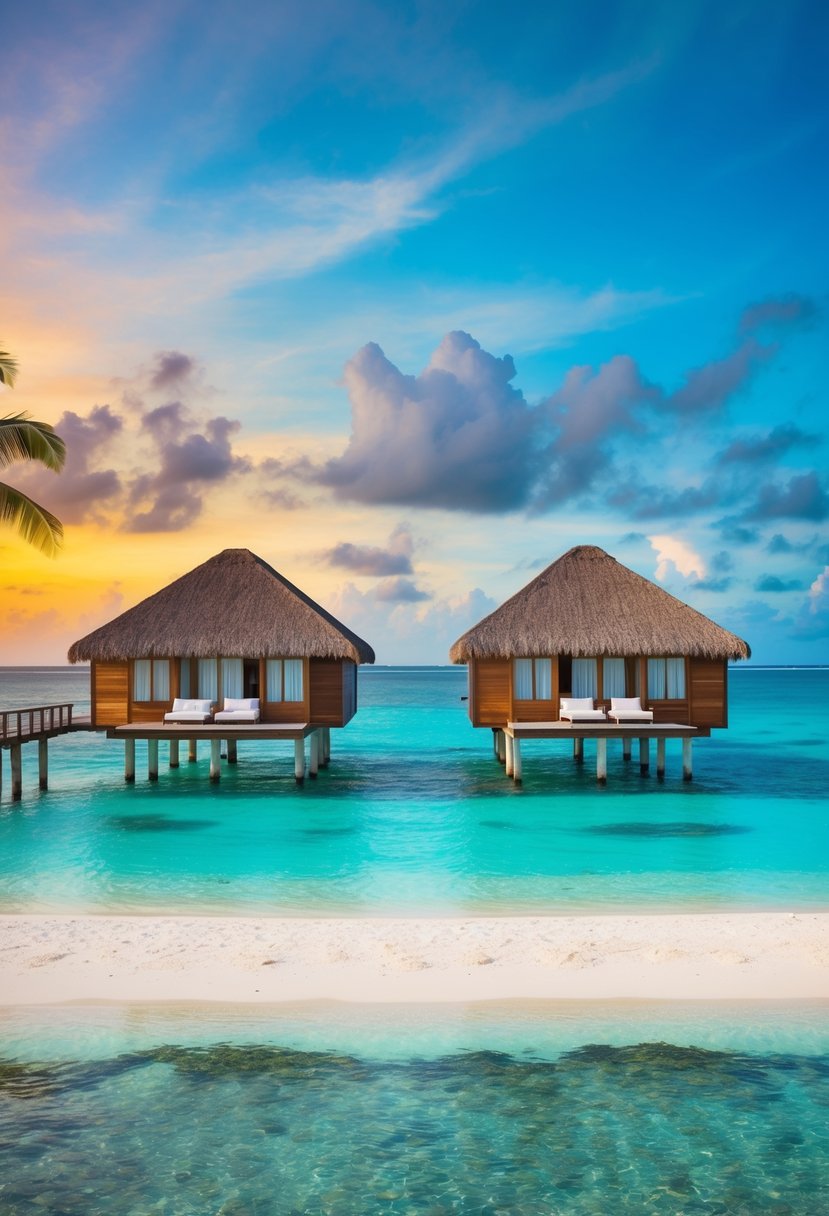 A pair of overwater bungalows on stilts, surrounded by crystal-clear turquoise waters and white sandy beaches, with a backdrop of lush green palm trees and a colorful sunset sky