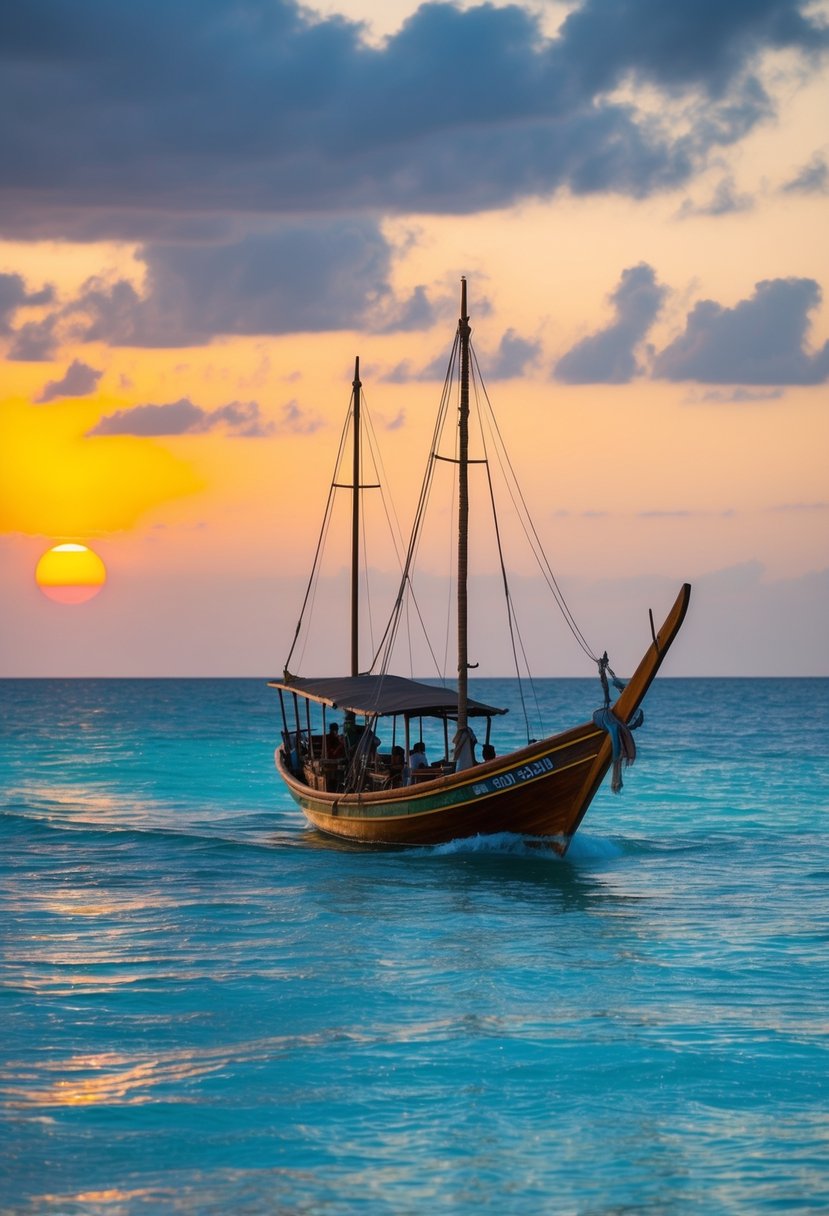 A traditional Dhow glides through the crystal-clear waters off the coast of Zanzibar, with the sun setting in the background, creating a romantic and serene atmosphere