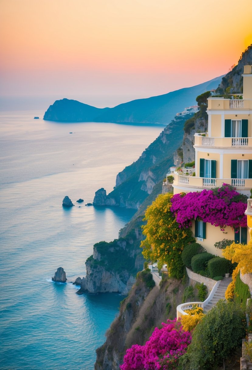 A cliffside villa overlooks the azure waters of the Amalfi Coast, with vibrant bougainvillea cascading down the terraces and a golden sunset casting a romantic glow over the scene