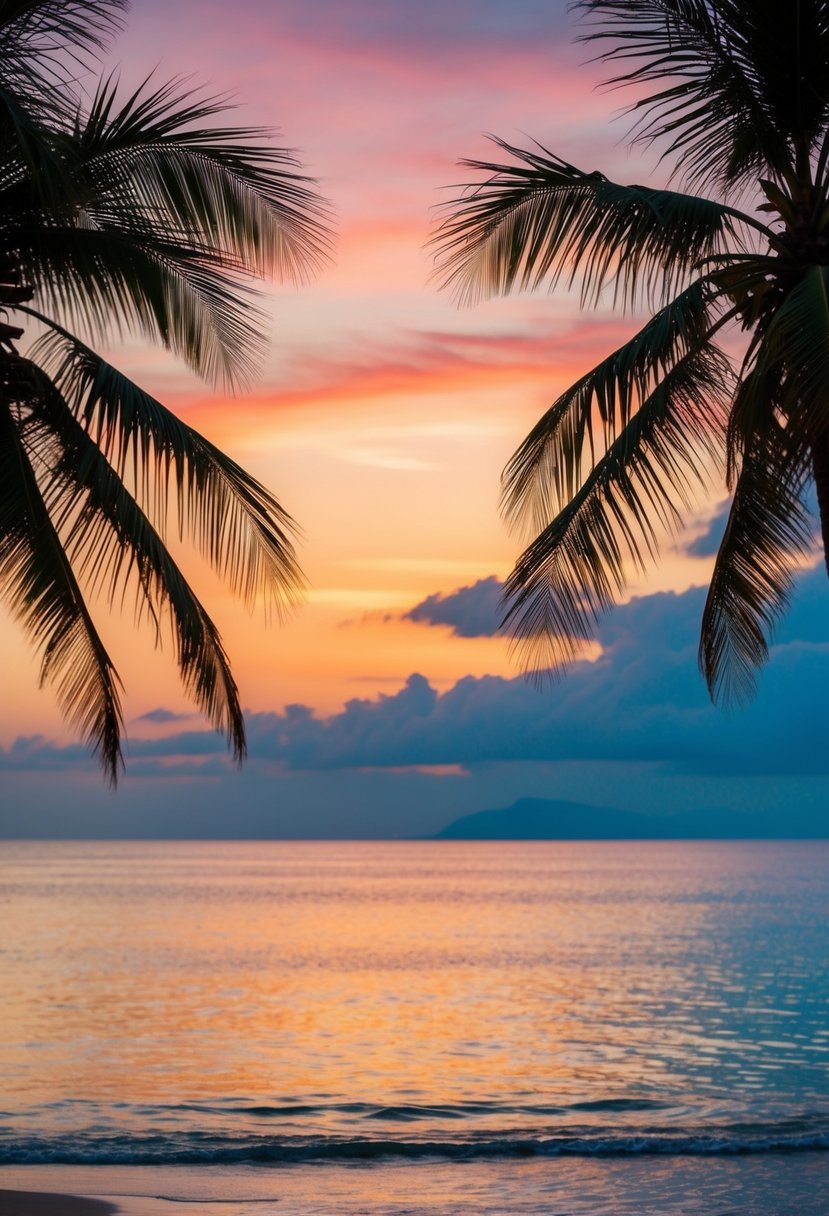 A serene beach at sunset in Bali, with palm trees, a calm ocean, and a colorful sky, creating a romantic atmosphere for couples on vacation