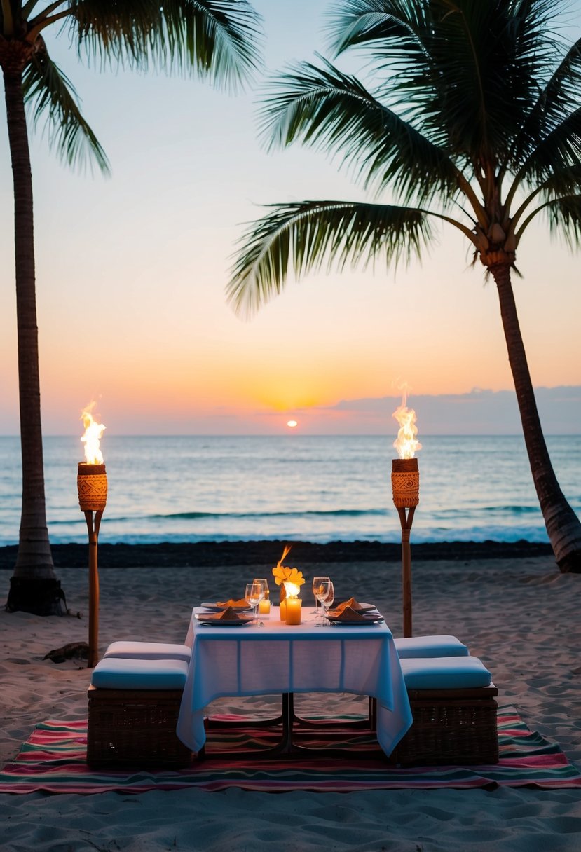 A sunset beach picnic with a table set for two, surrounded by tiki torches and palm trees, overlooking the ocean in Maui, Hawaii