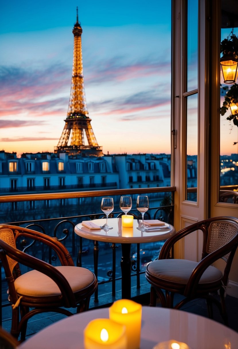 A cozy café in Paris, with a view of the Eiffel Tower at sunset. Tables set for two, adorned with flickering candles and wine glasses