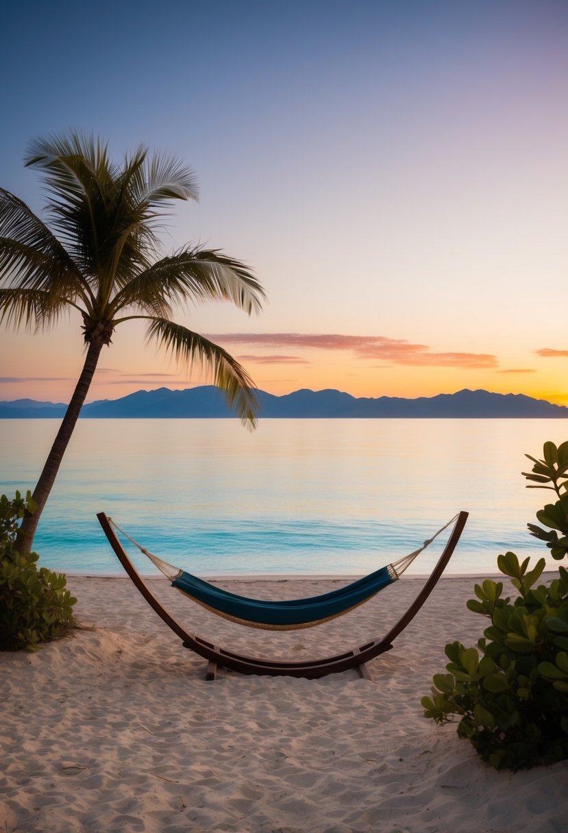 A serene beach at sunset, with palm trees and a hammock overlooking crystal-clear waters and distant mountains