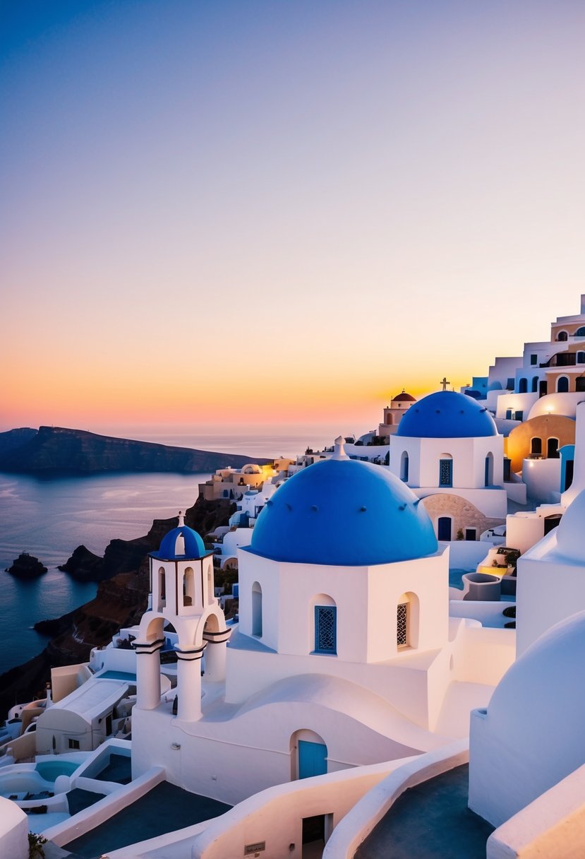 A stunning sunset over the white-washed buildings of Santorini, with the iconic blue domes and crystal-clear waters below