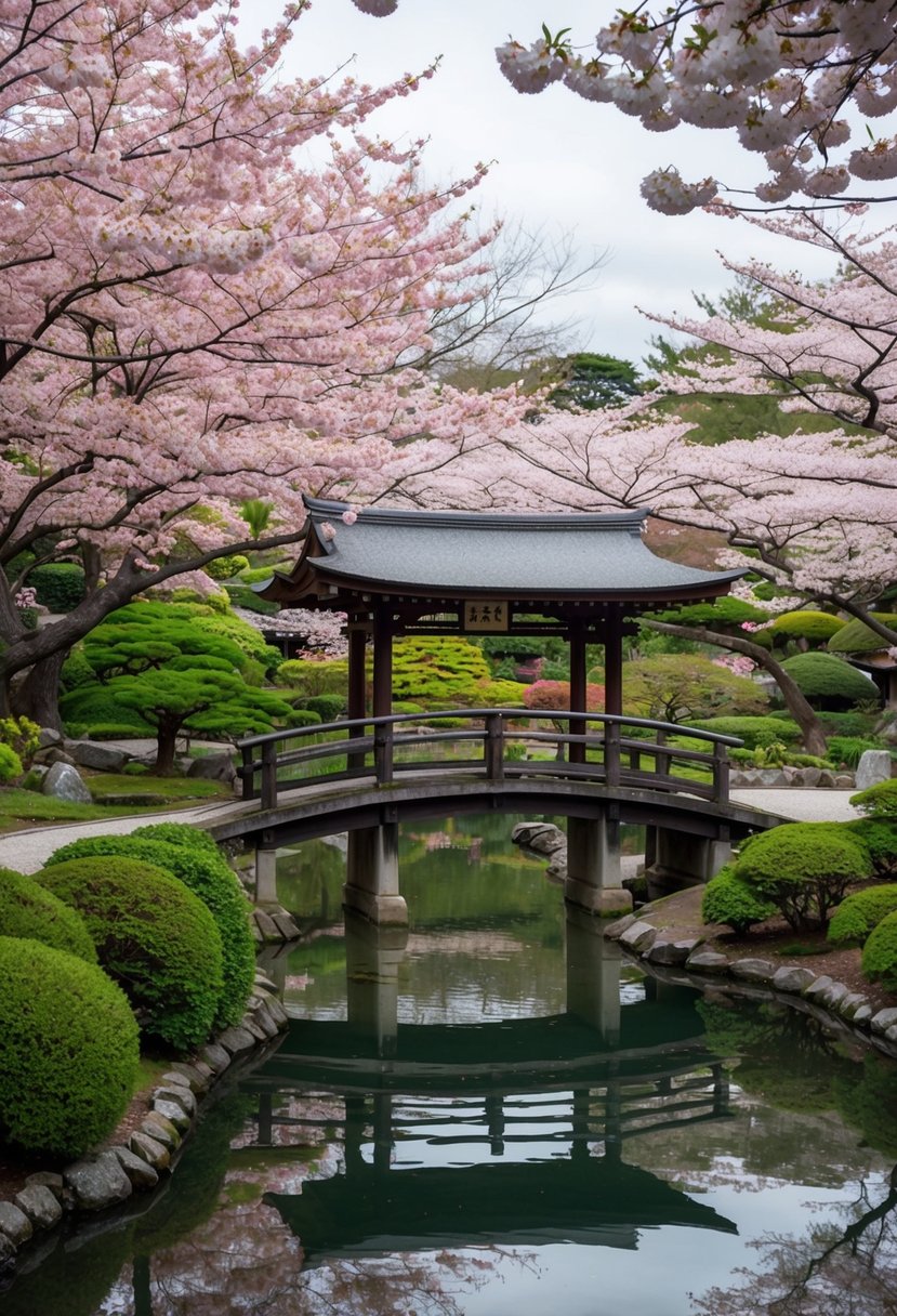 A serene Kyoto garden with blooming cherry blossoms and a traditional wooden bridge over a tranquil pond