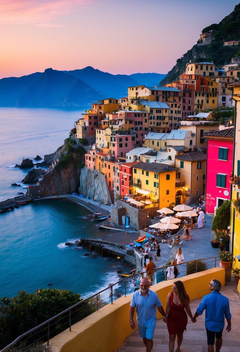 A sunset over the colorful cliffside villages of Cinque Terre, Italy, with couples strolling along the narrow streets and enjoying the romantic atmosphere