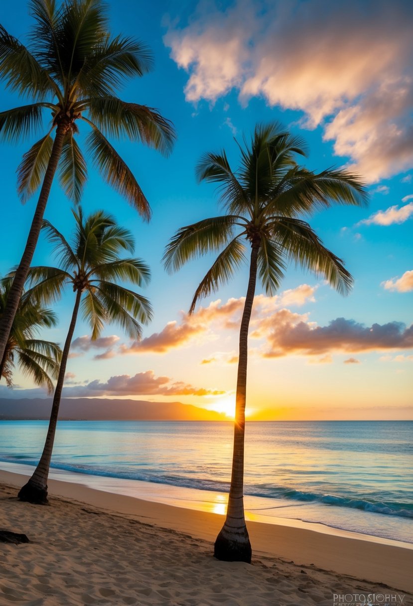 A serene beach with palm trees, crystal clear waters, and a colorful sunset in Maui, Hawaii