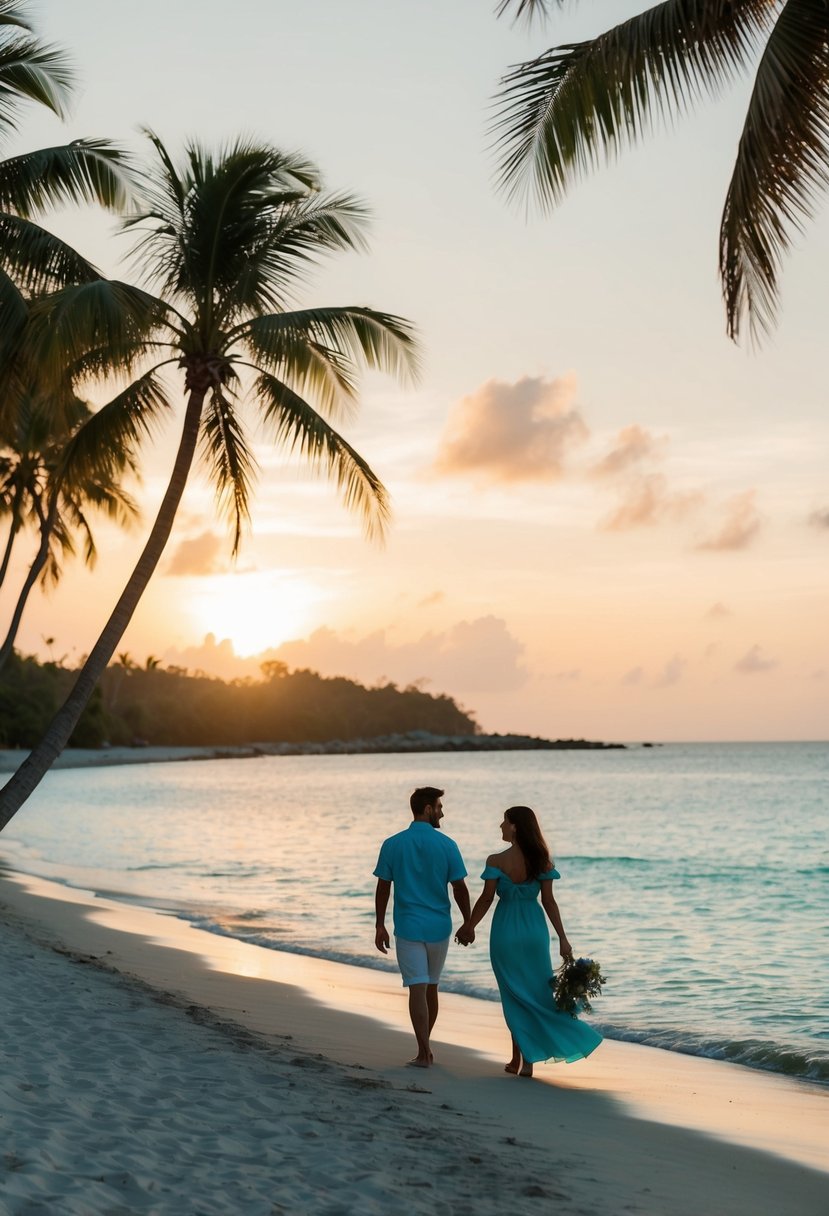 A serene beach at sunset, palm trees swaying, turquoise waters, and a couple walking hand in hand along the shore