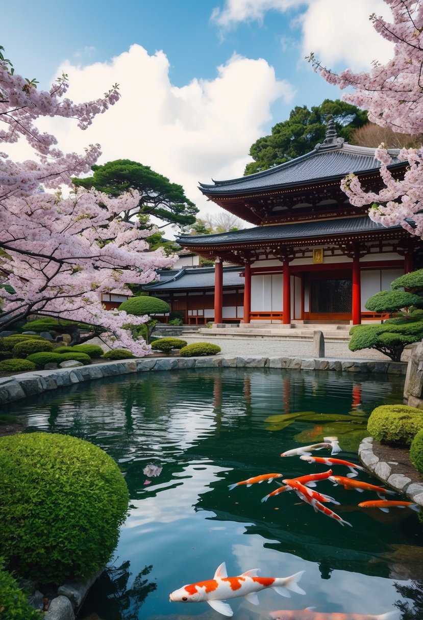 A serene temple garden in Kyoto, with vibrant cherry blossoms, traditional architecture, and a peaceful koi pond