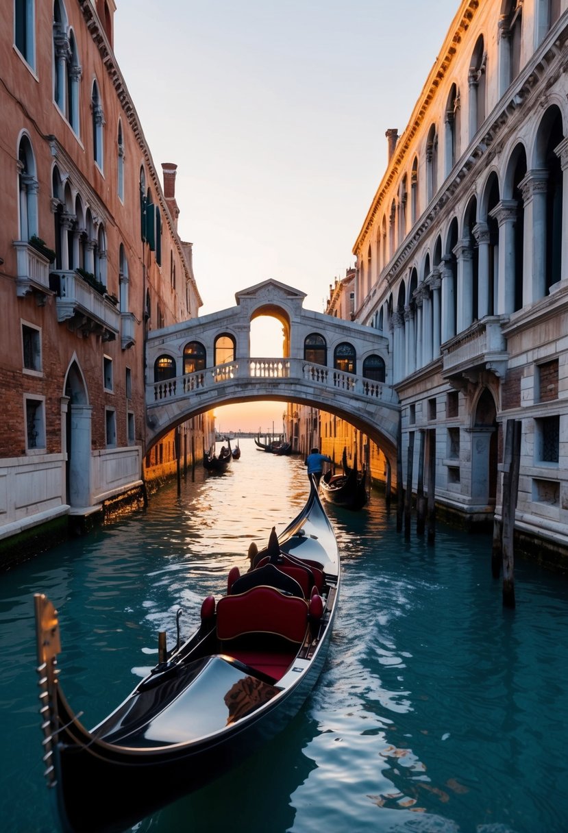 A gondola glides through the narrow canals of Venice, passing under graceful bridges and ancient buildings bathed in the warm glow of sunset