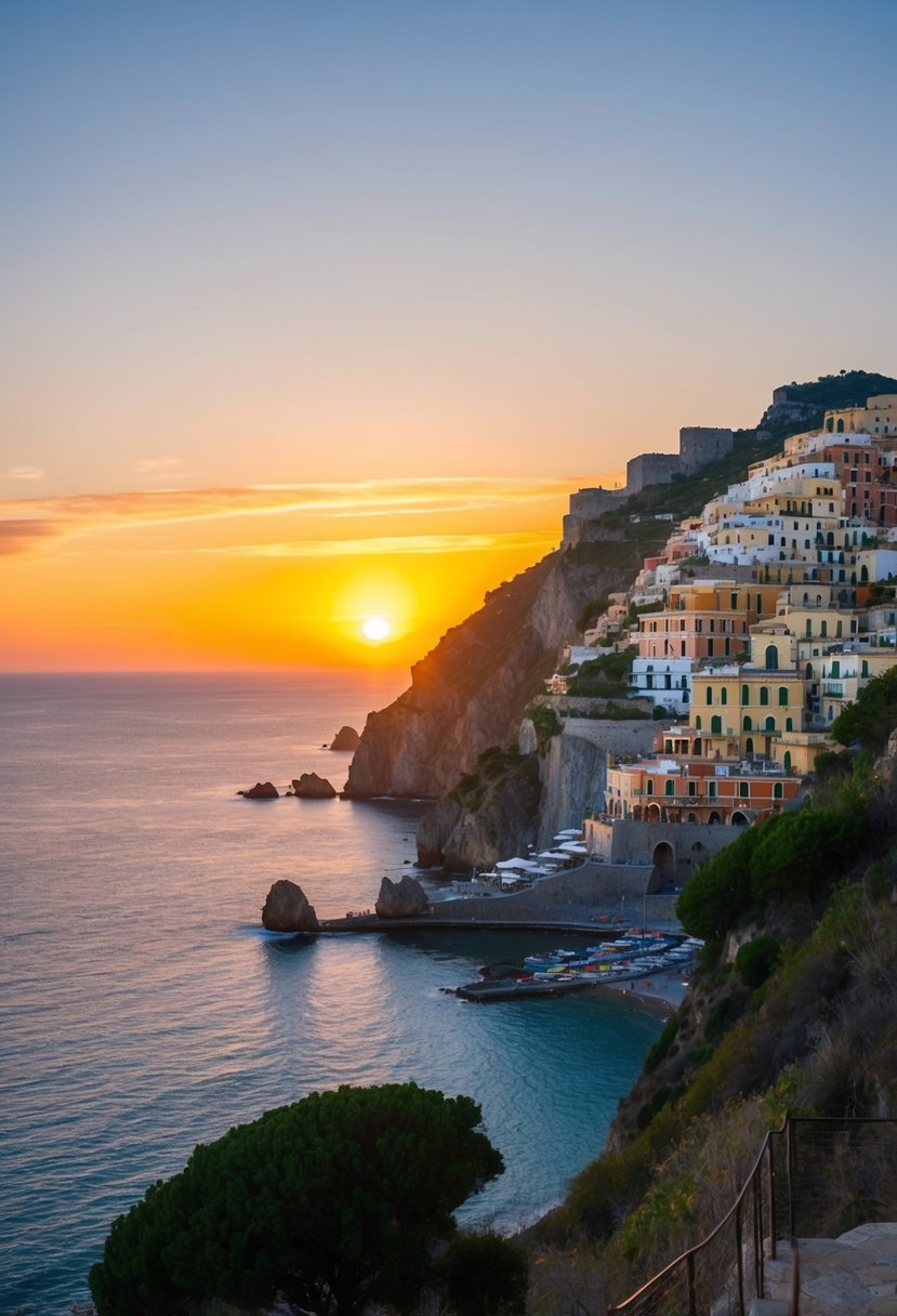 The sun sets over the rugged cliffs of the Amalfi Coast, casting a warm glow on the colorful villages nestled along the shoreline