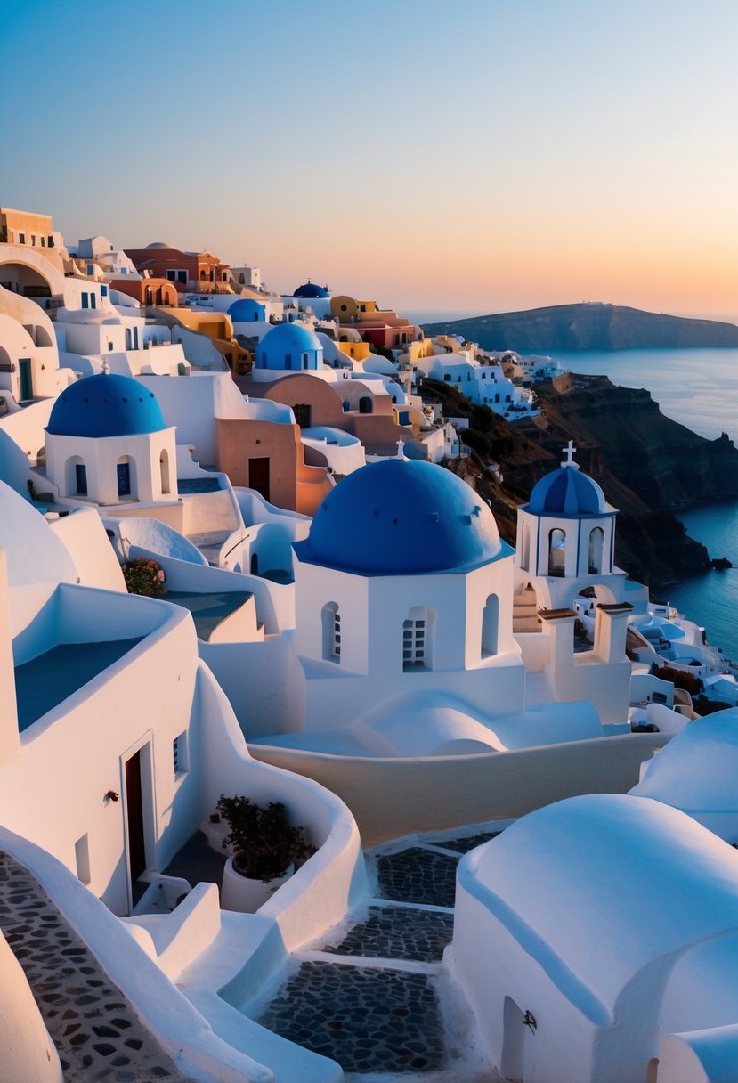 Sunset over white-washed buildings on cliffs, blue domes, and winding cobblestone streets of Santorini's Oia Village