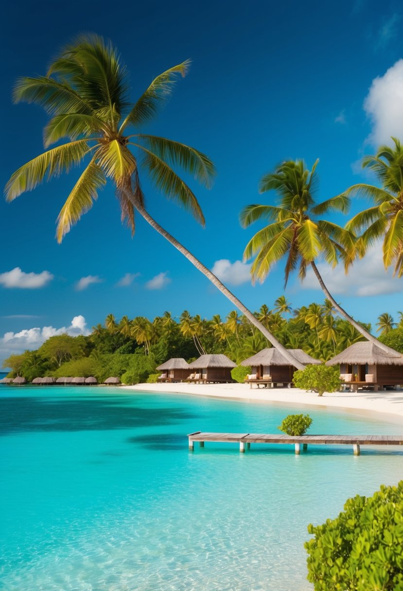A pristine beach with crystal-clear turquoise waters, palm trees, and overwater bungalows surrounded by lush greenery on Bora Bora, French Polynesia