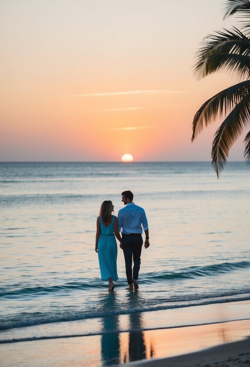 A tranquil beach at sunset, with palm trees, a calm ocean, and a couple walking hand in hand along the shore