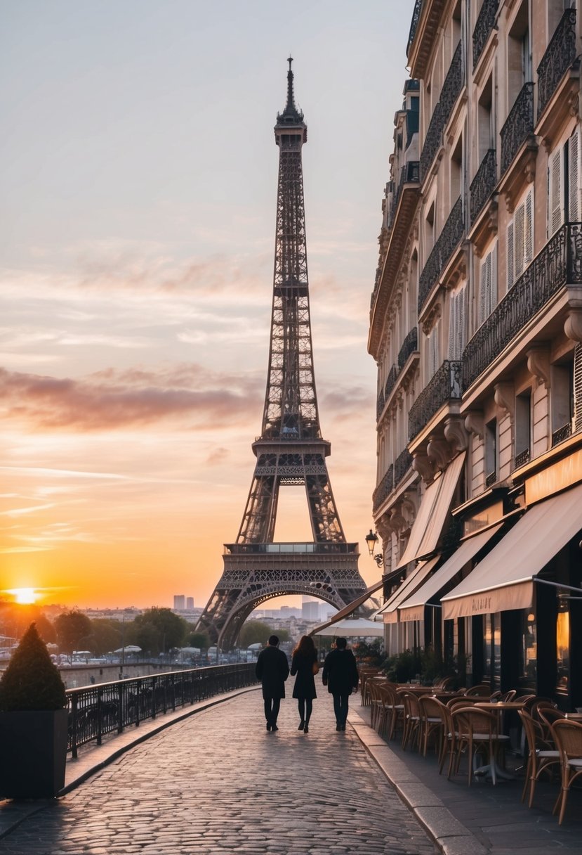 A romantic view of the Eiffel Tower at sunset, with a cobblestone street and quaint cafes in the background