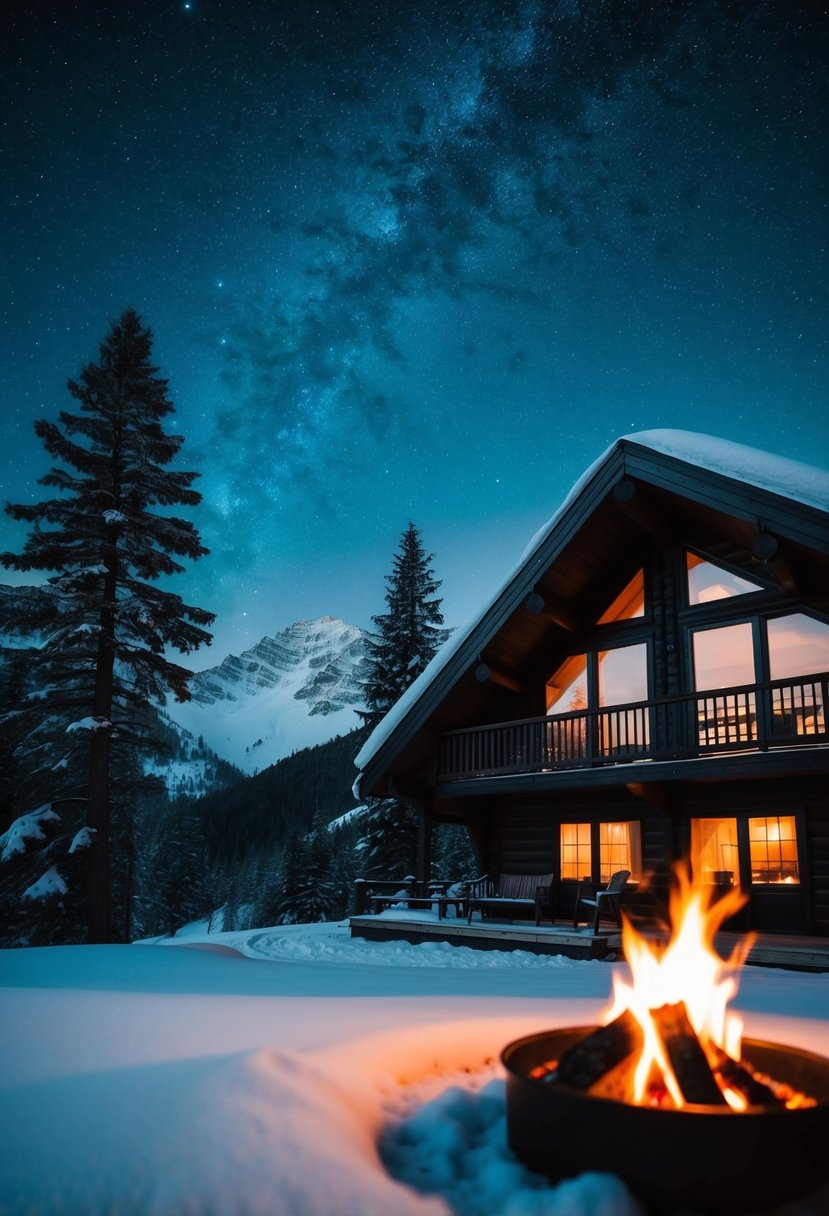 A cozy cabin nestled in the snowy mountains, with a crackling fire and a view of the starry night sky