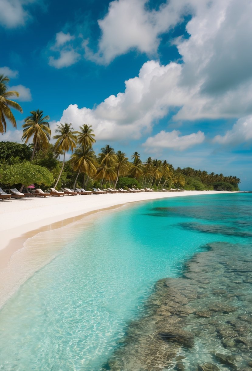 A picturesque beach in Bali, with crystal clear turquoise waters, white sandy shores, and lush green palm trees lining the coast