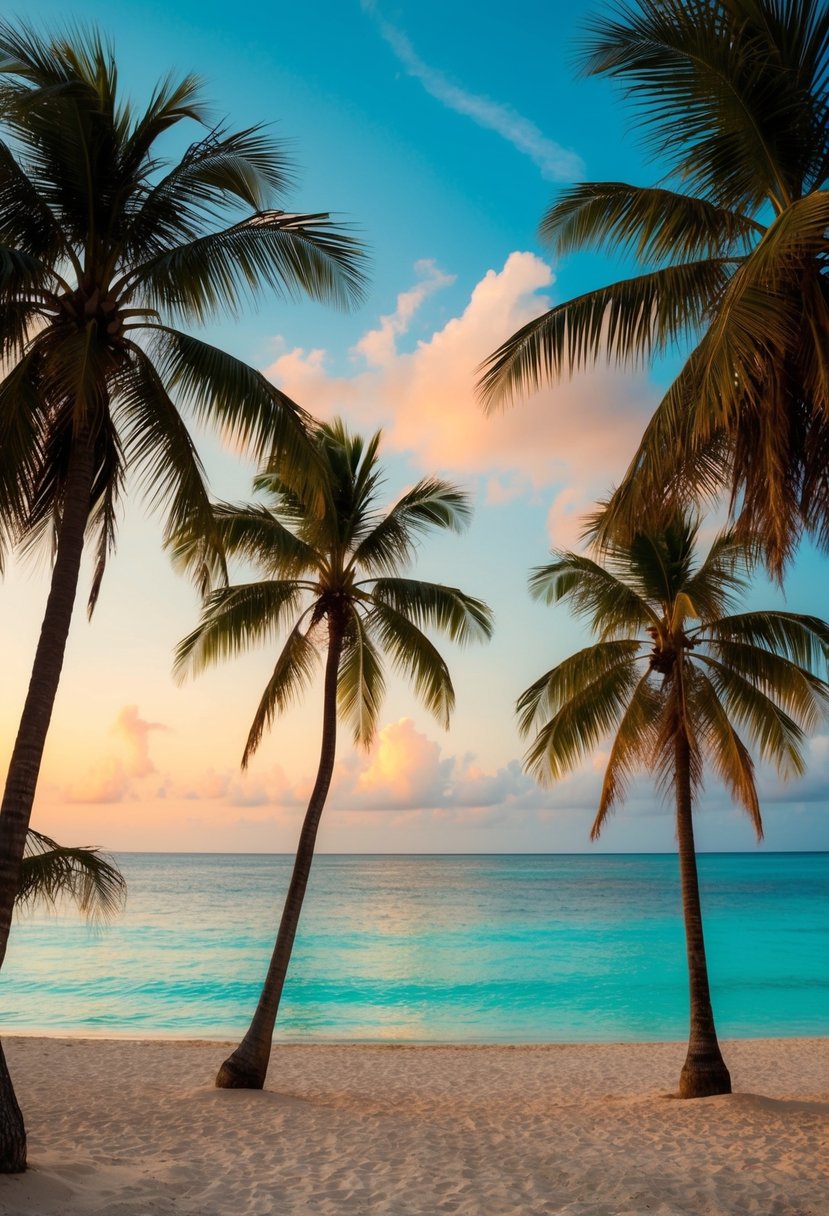 A secluded beach at sunset, palm trees swaying in the gentle breeze, with a backdrop of the turquoise Caribbean sea and a colorful sky