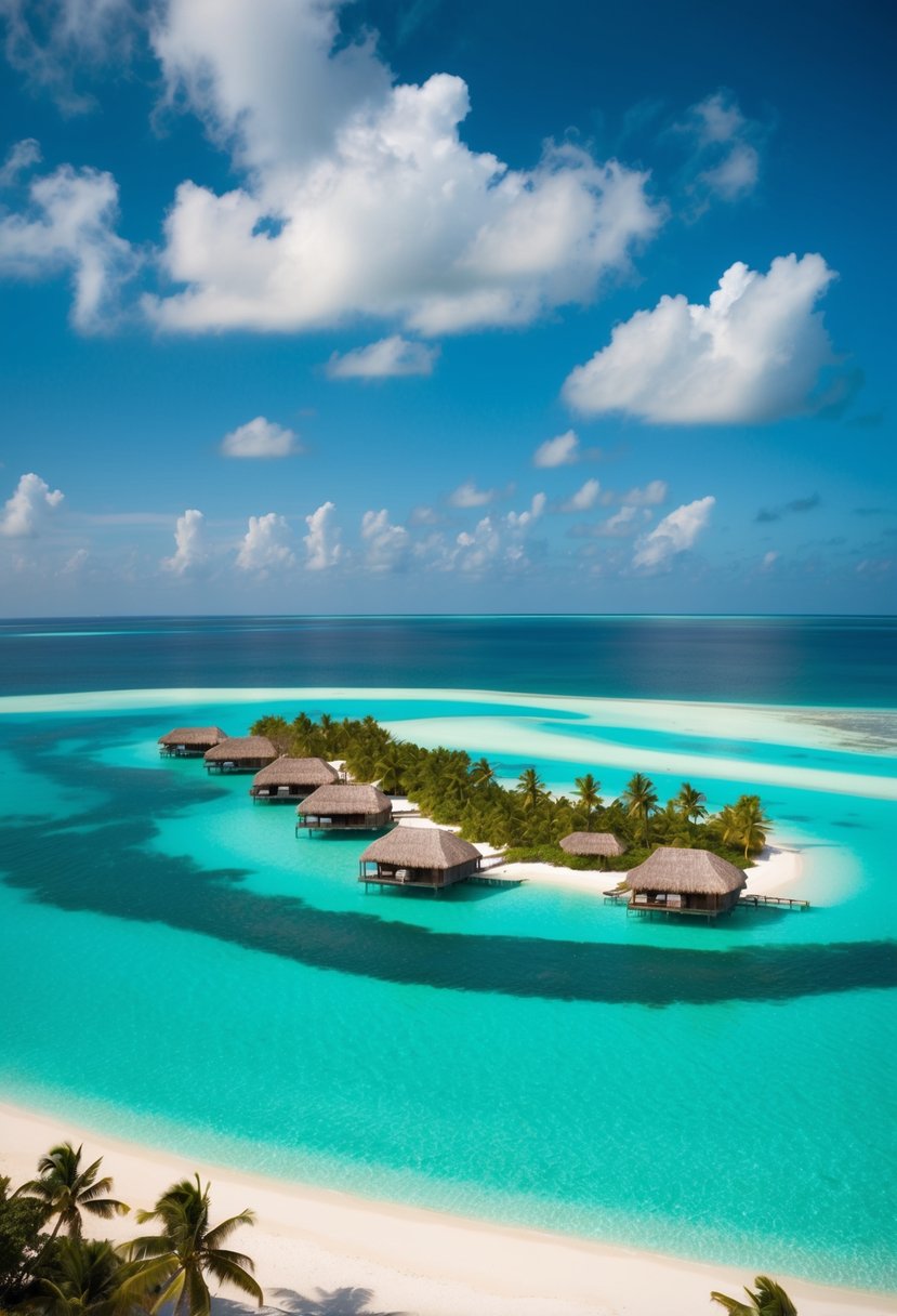 Crystal-clear turquoise waters surround overwater bungalows on a private island in the Maldives, with palm trees and white sandy beaches