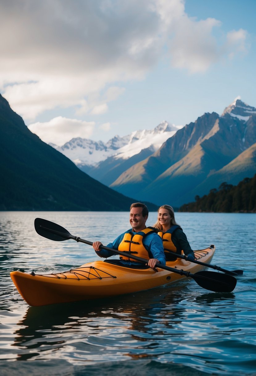 A couple kayaking on Lake Wakatipu, with the Remarkables mountain range in the background