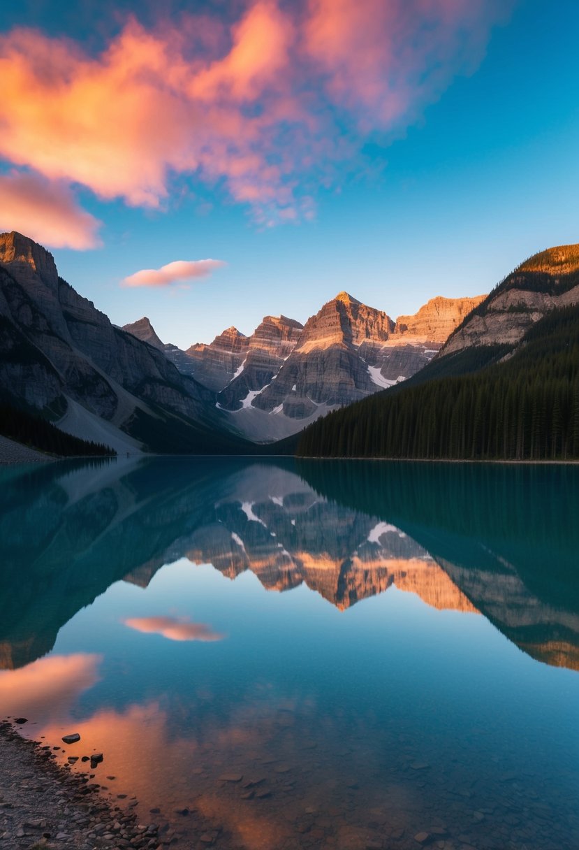 A serene lake surrounded by majestic mountains in Banff, Canada, with a colorful sunset reflecting on the water