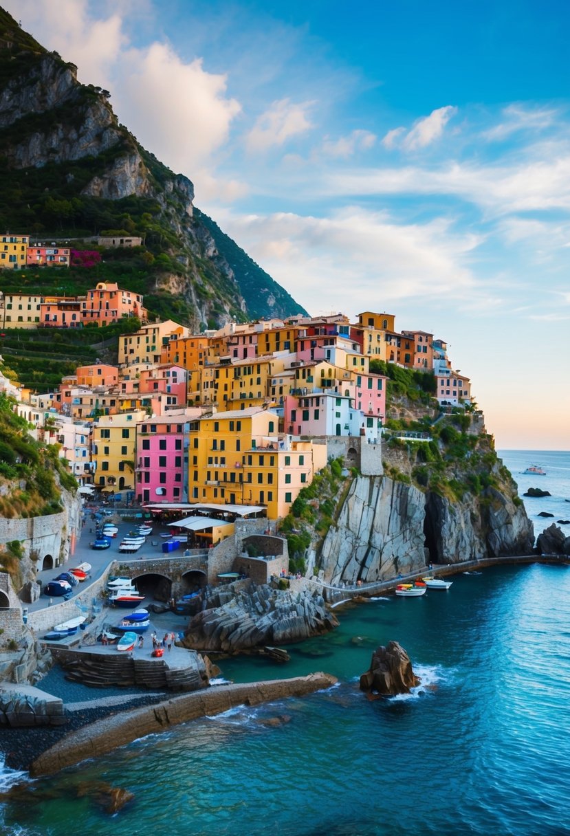 A picturesque coastal village in Cinque Terre, Italy with colorful houses perched on steep cliffs overlooking the crystal-clear waters of the Ligurian Sea