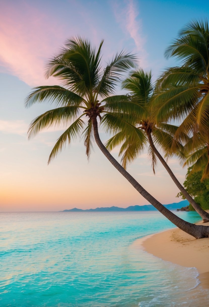 A serene beach with crystal-clear turquoise waters, palm trees swaying in the gentle breeze, and a colorful sunset over the horizon