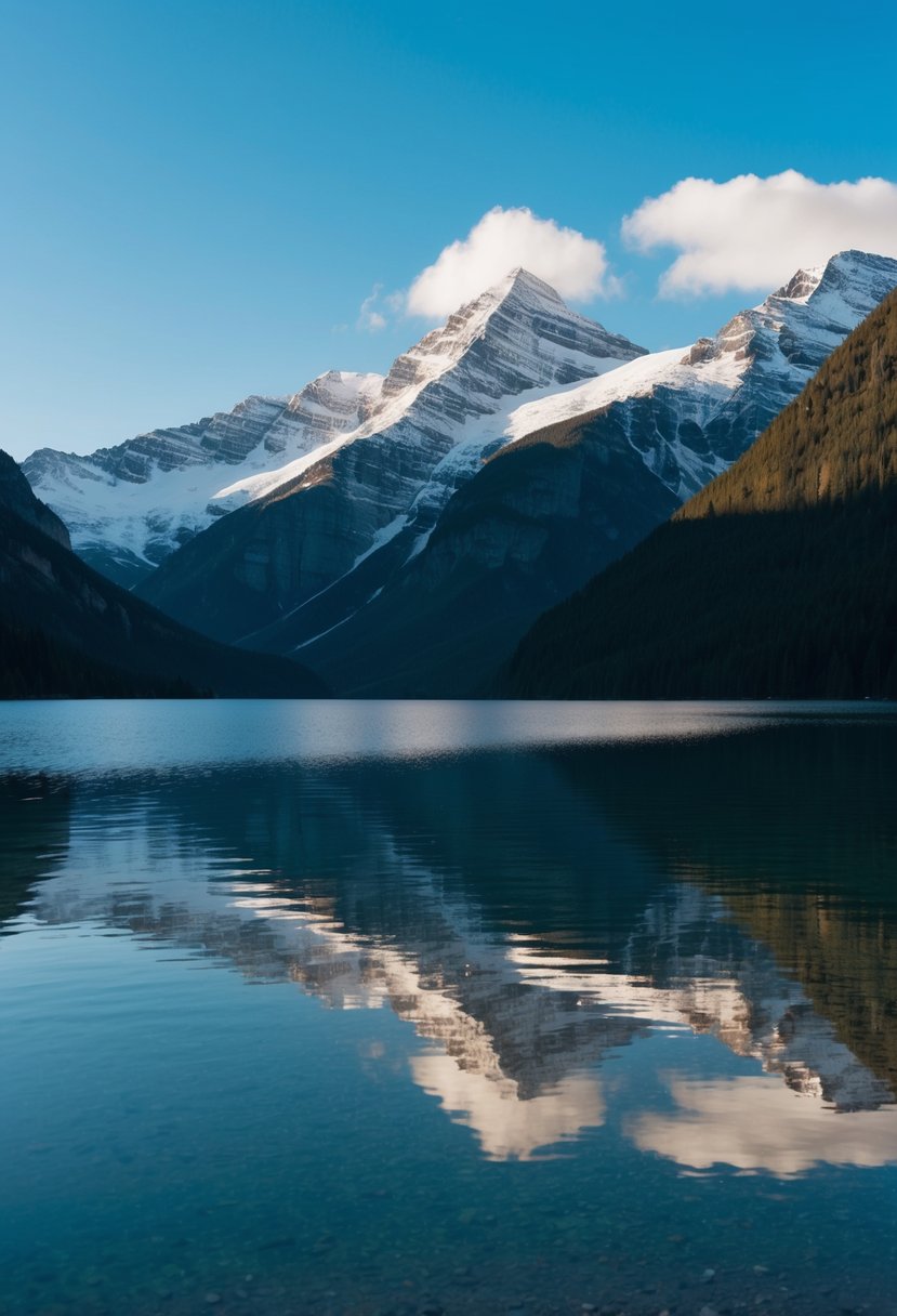 A serene lake surrounded by majestic snow-capped mountains, with a crystal-clear reflection in the water