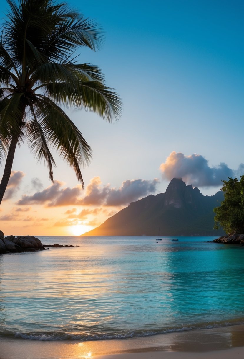 A secluded beach with crystal clear water, palm trees, and a picturesque sunset over the Indian Ocean in Seychelles
