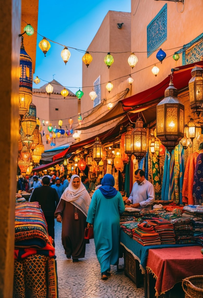 A vibrant market in Marrakech, Morocco with colorful textiles, intricate lanterns, and bustling activity