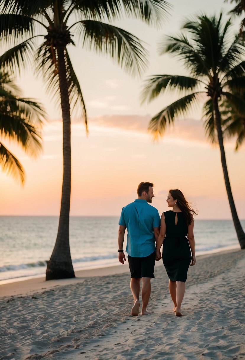 A couple strolls along a sandy beach at sunset, with palm trees swaying in the background and the ocean stretching out to the horizon