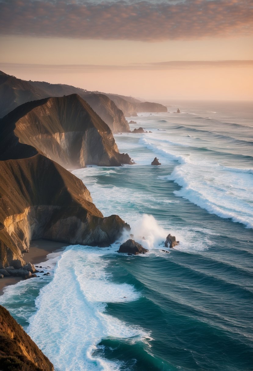A rugged coastline with towering cliffs overlooks the crashing waves of the Pacific Ocean at Big Sur, California