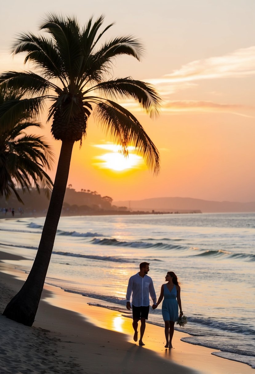 A serene beach at sunset, with palm trees and a couple strolling along the shore in Santa Barbara, California