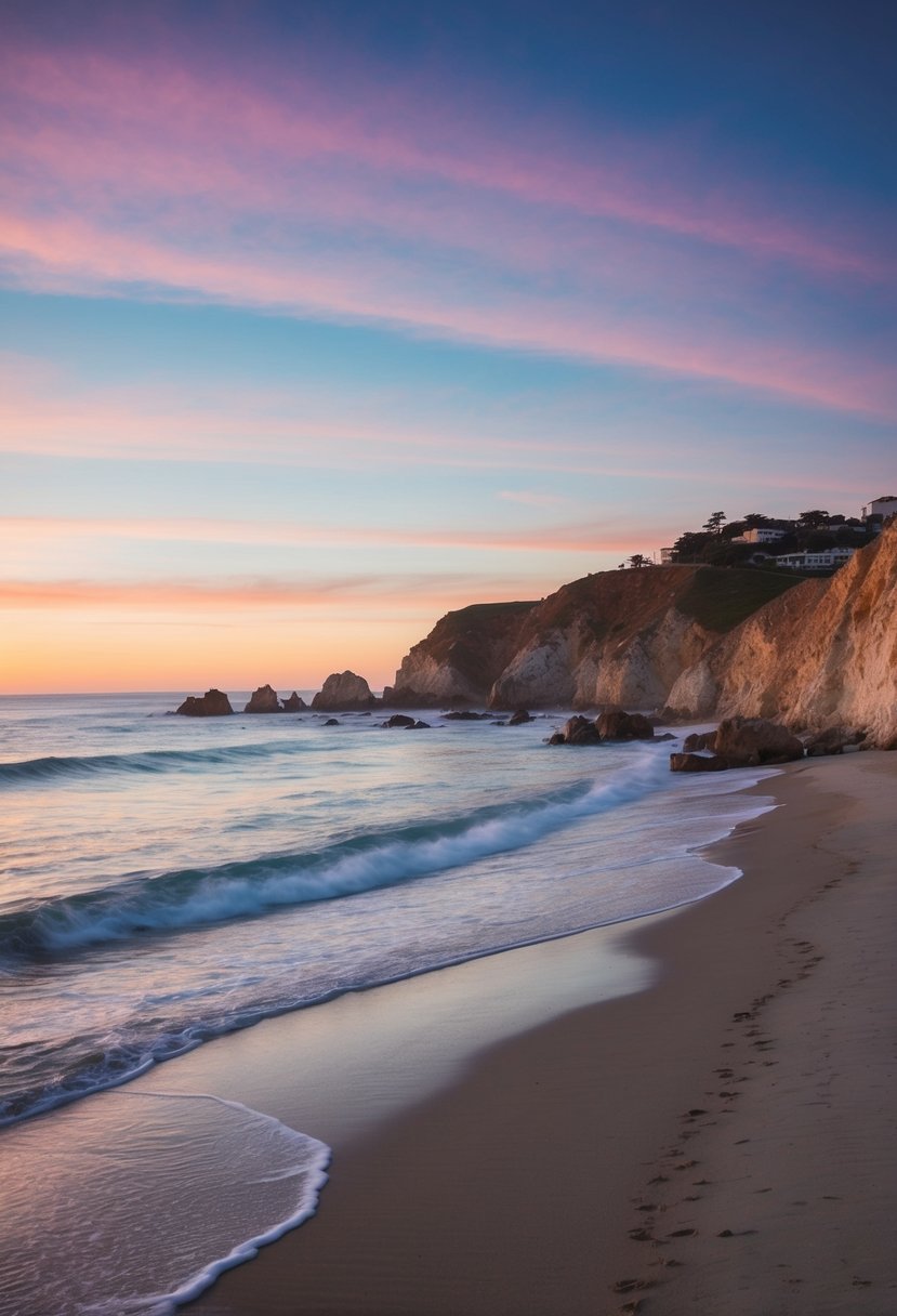 A serene beach at Carmel-by-the-Sea, with rugged cliffs, gentle waves, and a colorful sunset painting the sky