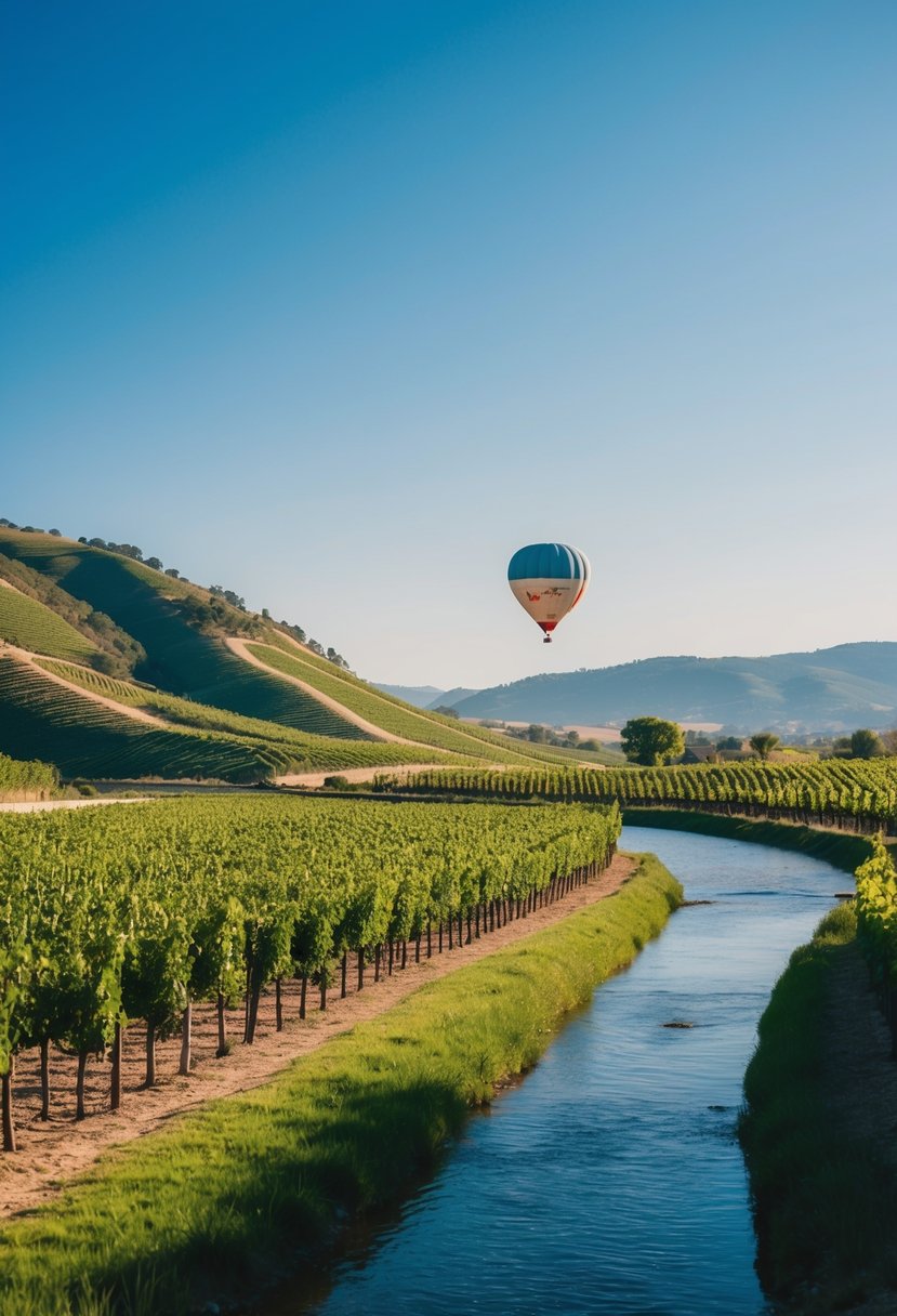 Rolling vineyard hills meet a serene river under a clear blue sky in Napa Valley, California. A hot air balloon floats in the distance