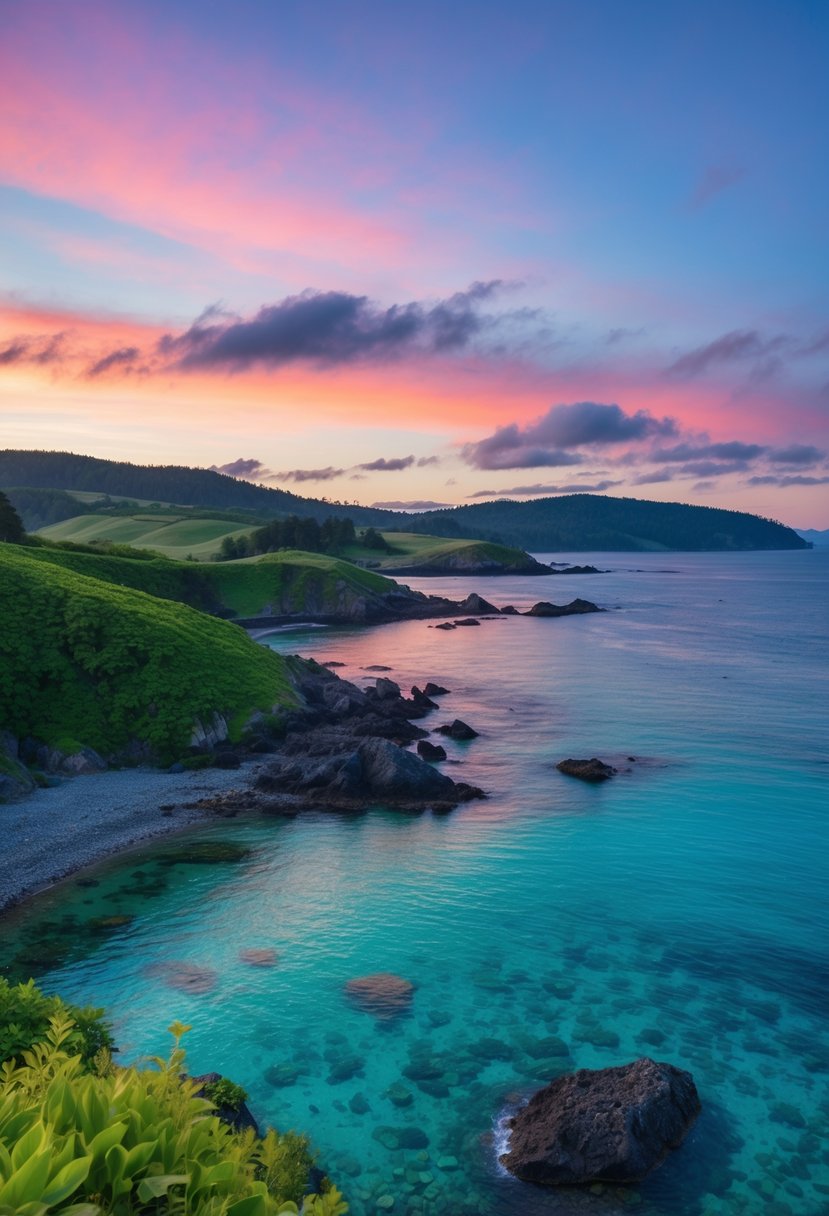 Crystal clear waters lap against rocky shorelines under a vibrant sunset in the San Juan Islands, Washington. Lush greenery and rolling hills create a picturesque backdrop for a romantic honeymoon destination
