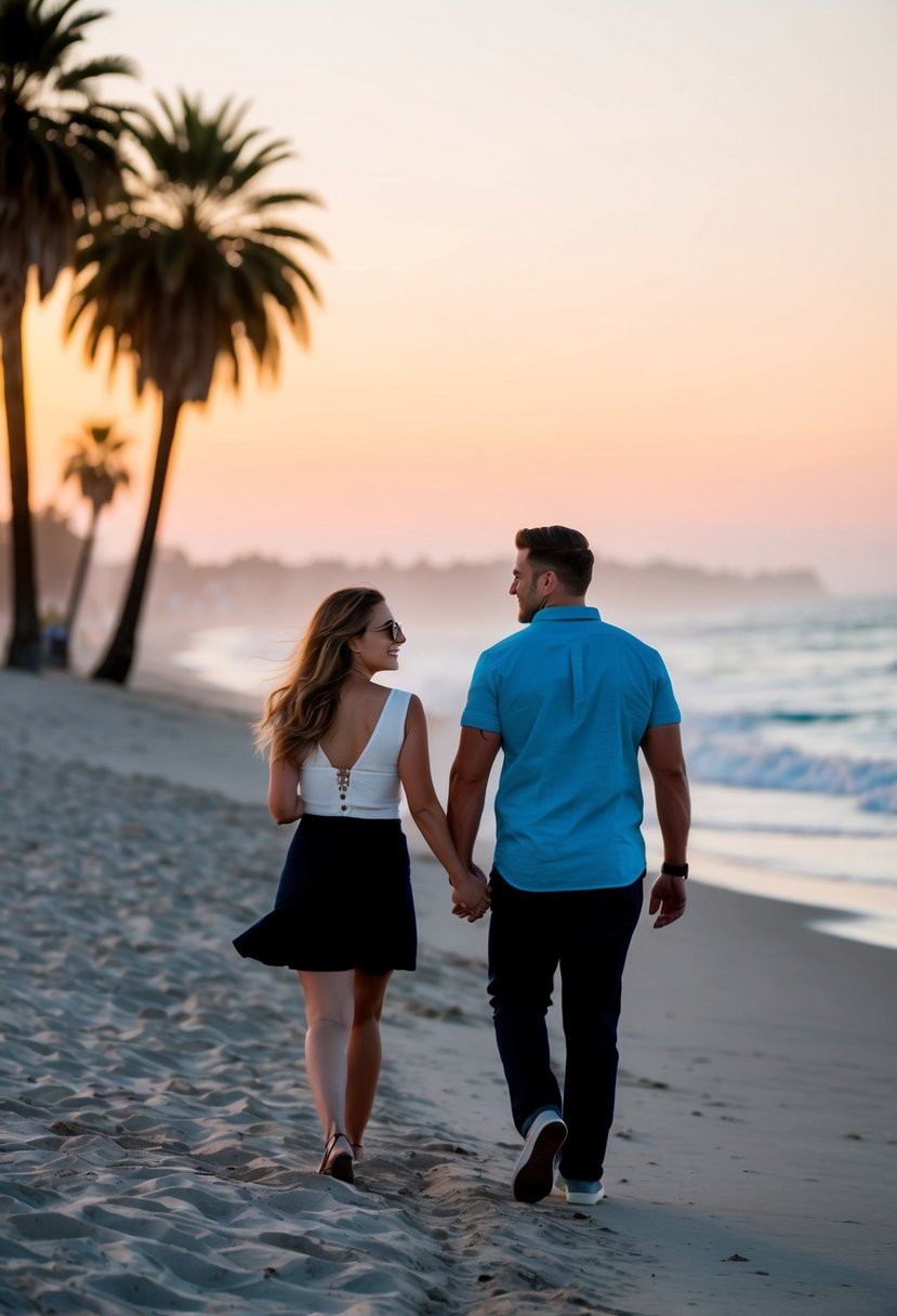 A couple strolling along the sandy beach at sunset, with palm trees and the ocean in the background, in San Diego, California