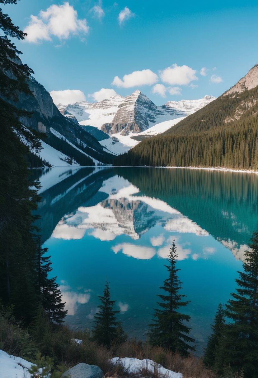 A serene lake surrounded by snow-capped mountains and lush pine forests, with a clear blue sky overhead