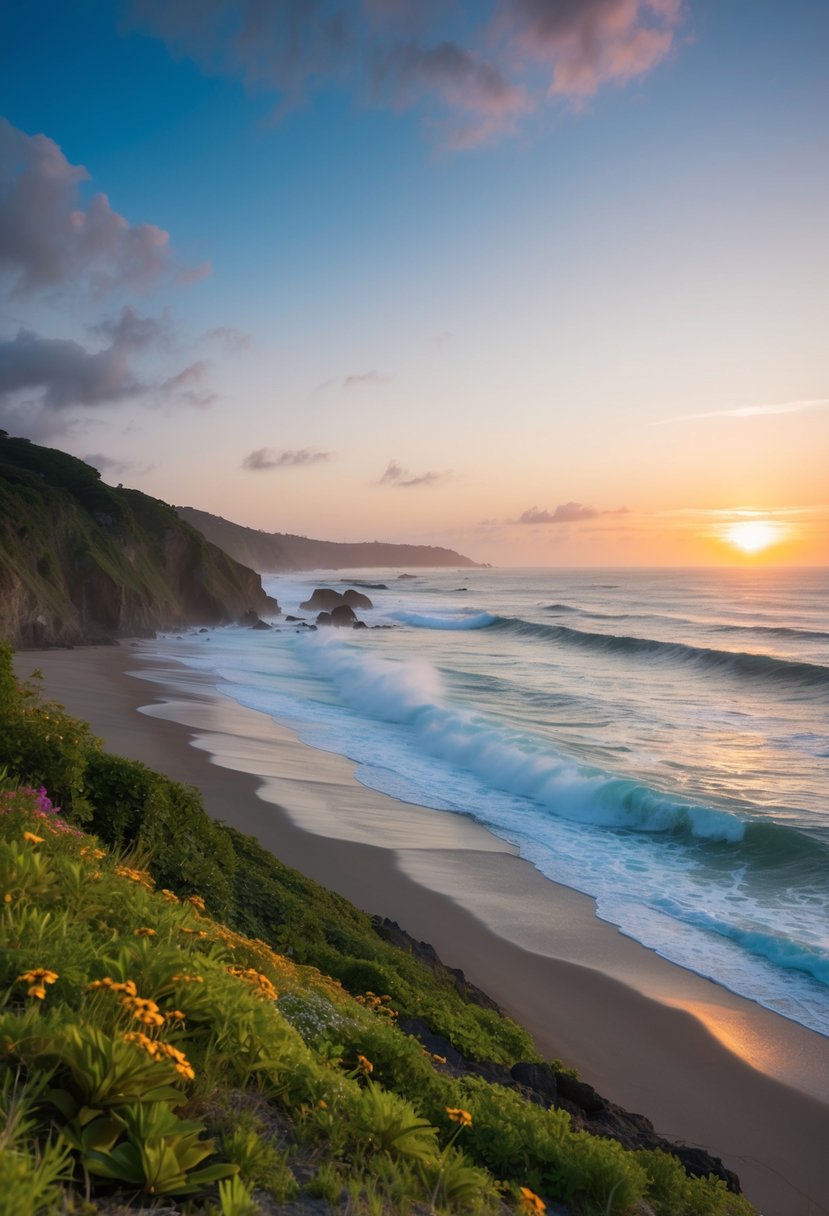A serene beach at sunset, with a rugged coastline and crashing waves, surrounded by lush greenery and colorful wildflowers