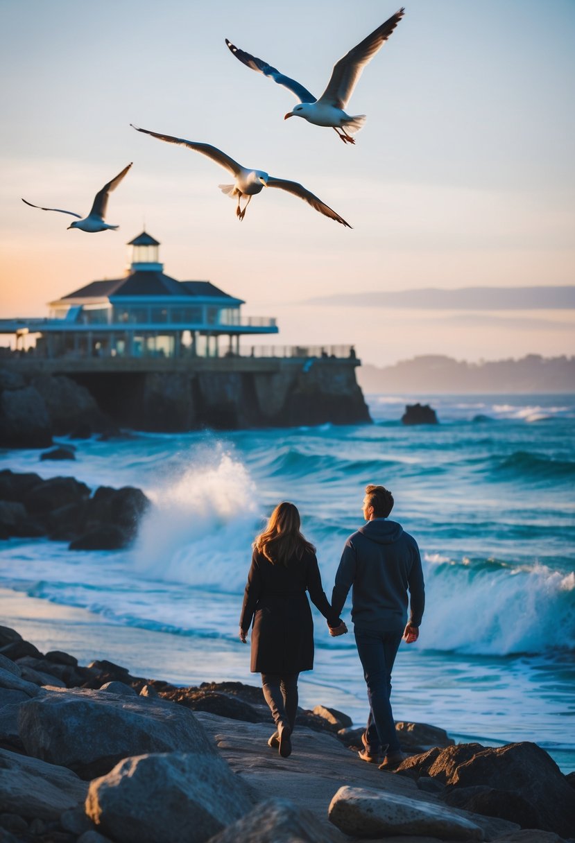 A couple strolls along the rocky coastline, waves crashing against the shore. Seagulls soar overhead as the sun sets behind the iconic Monterey Bay Aquarium