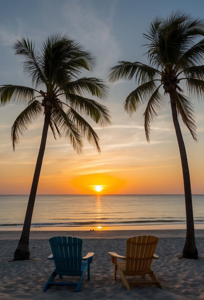 A sunset over the sandy shores of Coronado Island, with palm trees swaying in the ocean breeze and a couple of beach chairs facing the water