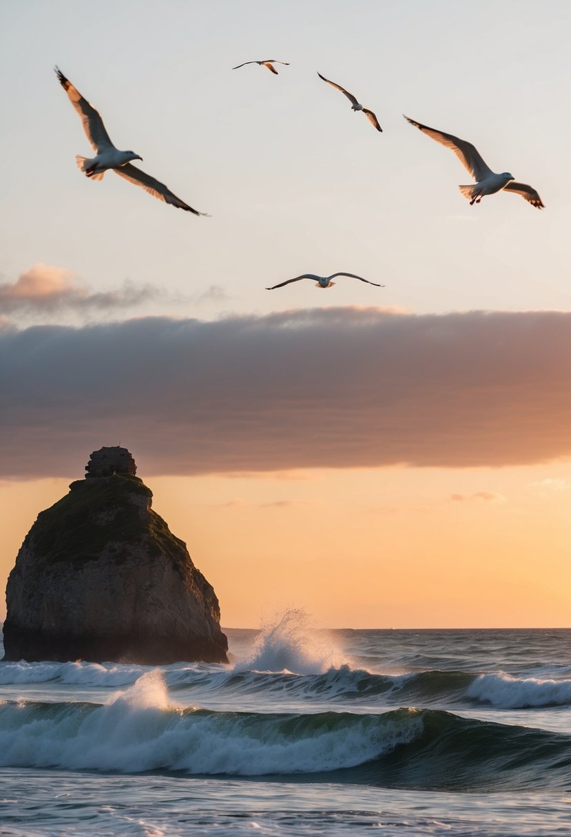 Golden sunset on Cannon Beach, waves crashing against Haystack Rock, seagulls soaring in the sky