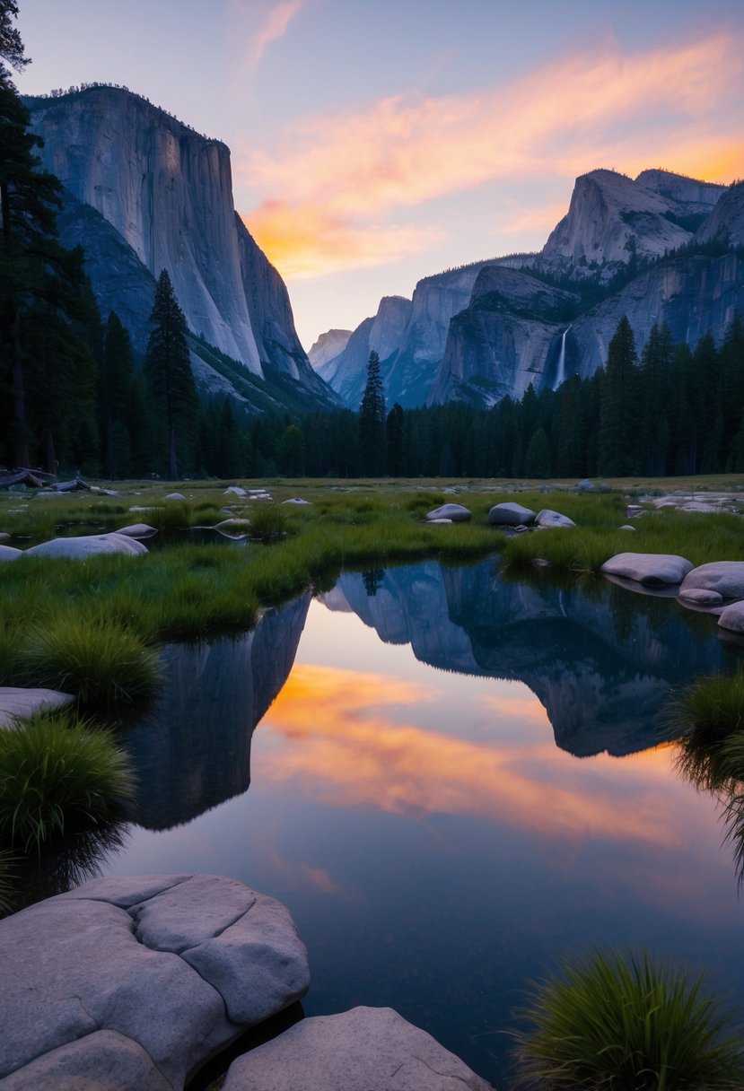 A serene sunset over Yosemite Valley, with towering granite cliffs and lush green forests, creating a picturesque honeymoon destination on the west coast