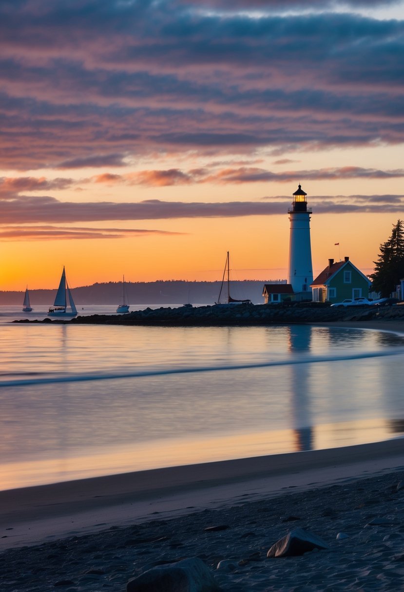 A serene beach at sunset, with a lighthouse and sailboats in the background, nestled in the picturesque coastal town of Port Townsend, Washington