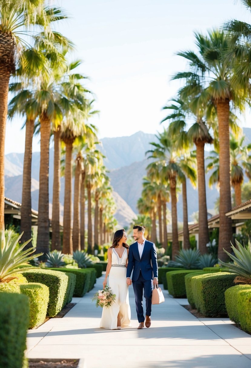 A couple strolling through a lush palm-lined oasis in Palm Springs, with the San Jacinto Mountains as a stunning backdrop