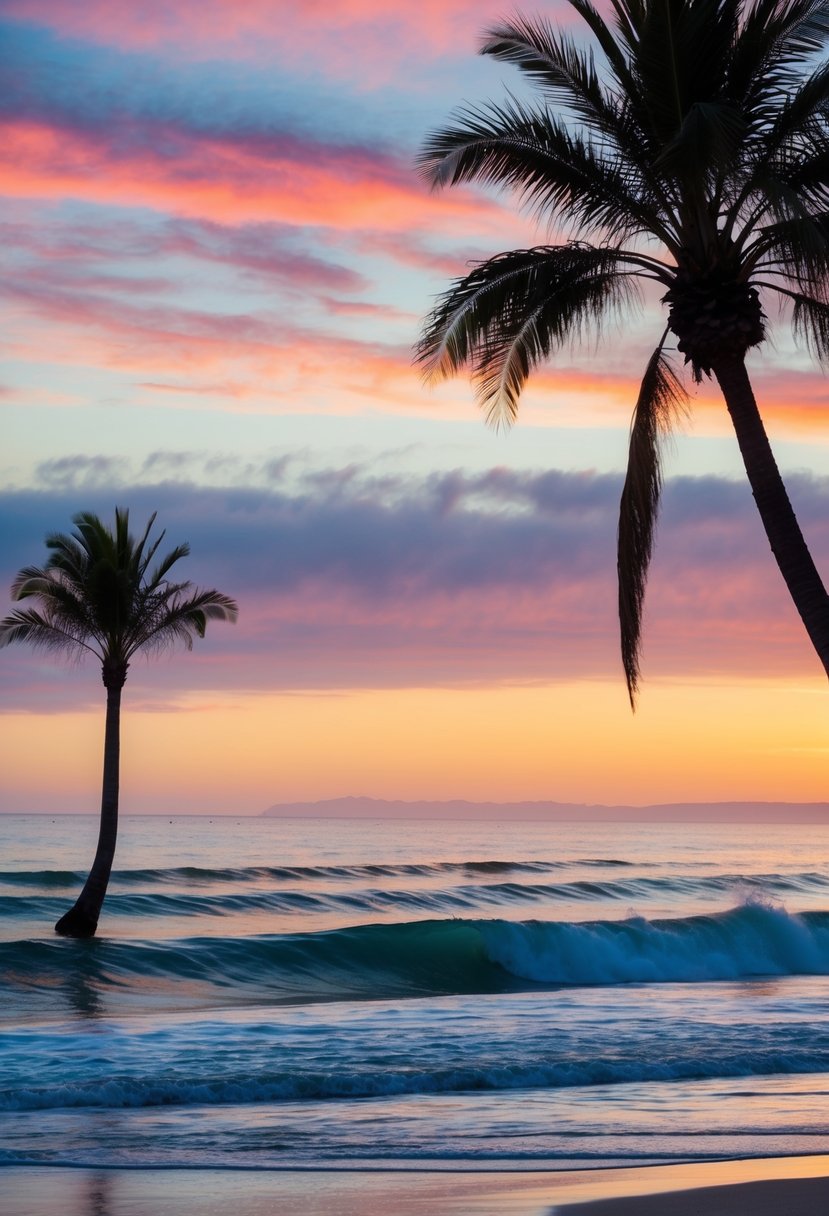 A serene beach at sunset with palm trees, gentle waves, and a colorful sky in La Jolla, California